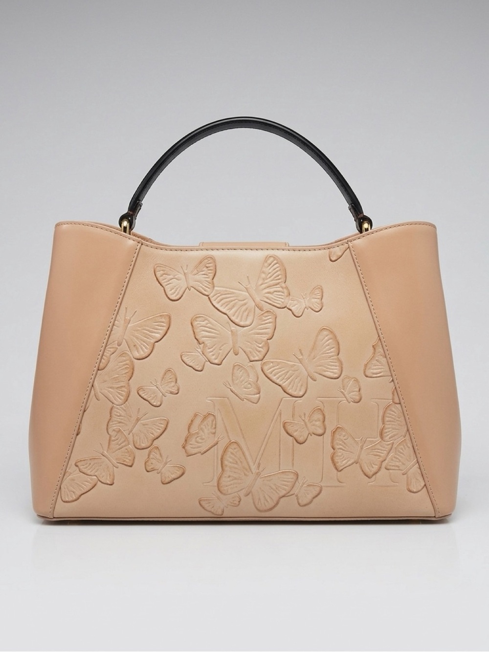 Butterfly-Embossed Nude Shoulder Bag with Gold Chain